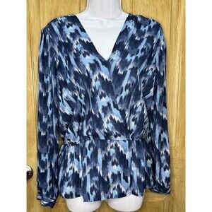 Michael Kors Women's Multicolor Geometric Long Sleeve Blue Shirt Top Size S